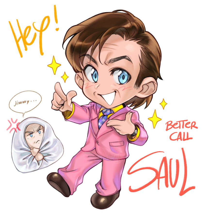 2boys, anger_vein, aqua_eyes, better_call_saul, breaking_bad, brothers, brown_hair, brown_shoes, charles_mcgill, chibi, chibi_only, collared_shirt, full_body, jacket, male_focus, multiple_boys, necktie, pants, parted_lips, pink_jacket, pink_pants, pink_suit, purple_necktie, saul_goodman, shirt, shoes, short_hair, siblings, smile, sparkle, standing, suit, suit_jacket, teeth, vinetsu, white_background, yellow_shirt