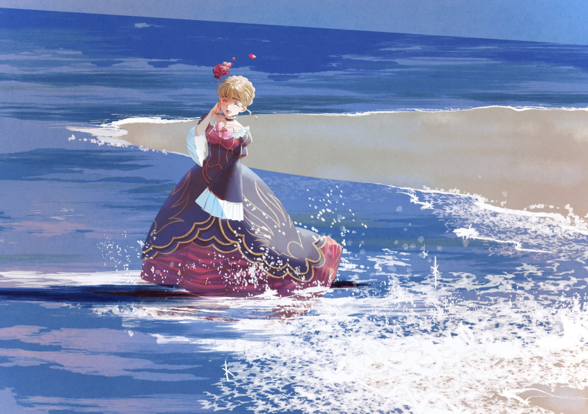 1girl, ^_^, beach, beatrice_(umineko), black_dress, blonde_hair, blue_sky, closed_eyes, collarbone, crying, dress, happy, happy_tears, hashtag-only_commentary, highres, horizon, layered_dress, open_mouth, scenery, sidelocks, sky, smile, solo, standing, streaming_tears, suidousui, tears, umineko_no_naku_koro_ni, water, wide_sleeves
