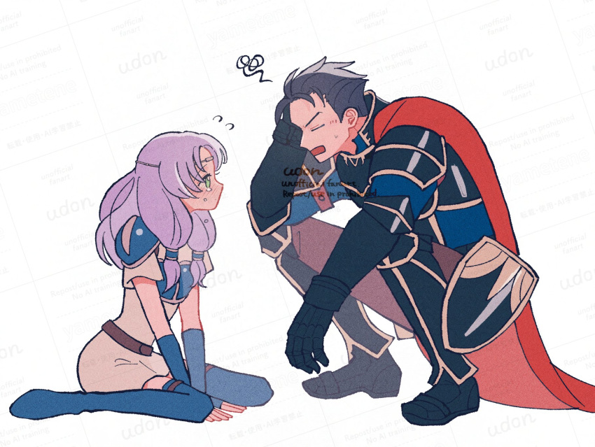 1boy, 1girl, armor, black_armor, breastplate, cape, closed_eyes, commentary_request