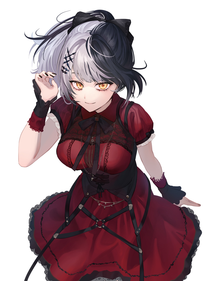 1girl, absurdres, black_corset, black_hair, black_nails, closed_mouth, corset, dress
