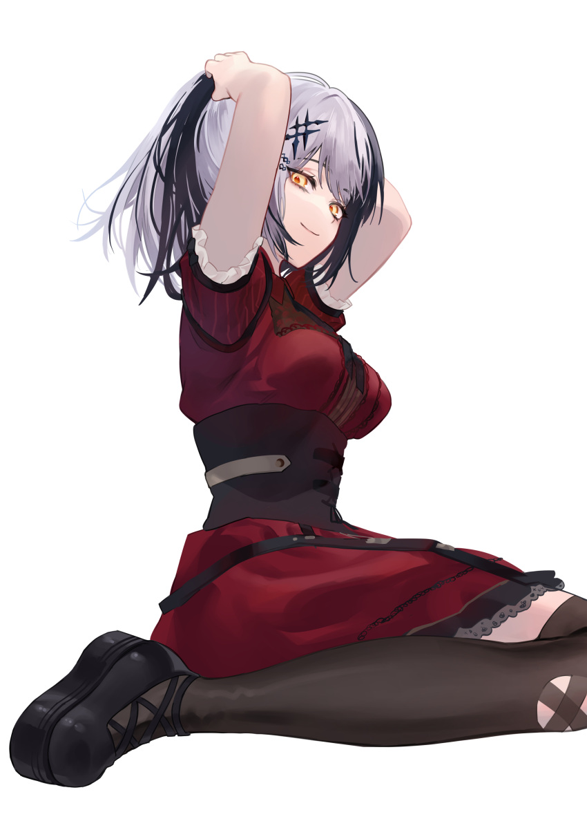 1girl, absurdres, arms_up, black_corset, black_hair, black_shoes, black_thighhighs, closed_mouth, corset, dress, english_commentary, frilled_dress, frills, from_side, grey_hair, highres, hololive, hololive_english, looking_at_viewer, misoraamenx, multicolored_hair, official_alternate_costume, official_alternate_hairstyle, ponytail, red_dress, shiori_novella, shiori_novella_(casual), shirt, shoes, simple_background, sitting, smile, solo, split-color_hair, thigh-highs, two-tone_hair, tying_hair, virtual_youtuber, wariza, white_shirt, yellow_eyes