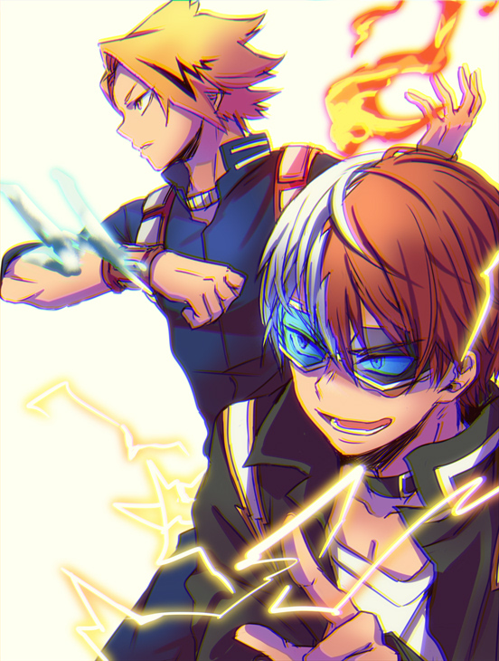 2boys, arm_up, belt_buckle, belt_collar, black_collar, black_hair, black_jacket, blonde_hair