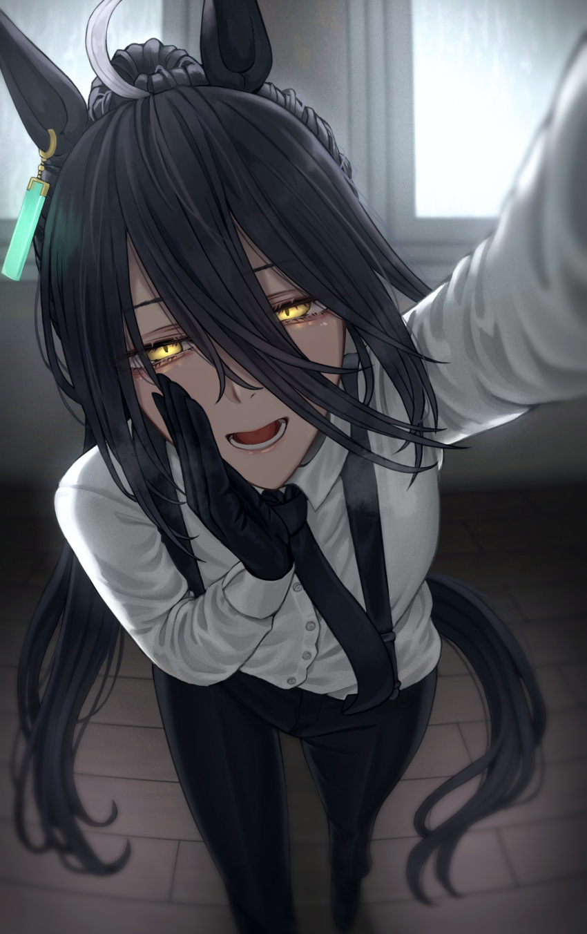 1girl, absurdres, aderi1020, ahoge, alternate_hairstyle, animal_ears, arm_up, black_gloves, black_hair, black_necktie, black_pants, collared_shirt, commentary, ear_tag, earrings, gloves, hair_between_eyes, hallway, hand_to_own_mouth, hand_up, high_ponytail, highres, holding, horse_ears, horse_girl, indoors, jewelry, long_bangs, long_hair, long_hair_between_eyes, long_sleeves, looking_at_viewer, manhattan_cafe_(umamusume), multicolored_hair, necktie, open_mouth, pants, ponytail, shirt, shirt_tucked_in, single_earring, smile, solo, standing, suspenders, umamusume, very_long_hair, white_hair, white_shirt, window, yellow_eyes