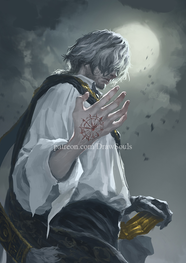 1boy, arm_up, black_cape, cape, closed_mouth, clouds, commentary, draw_souls