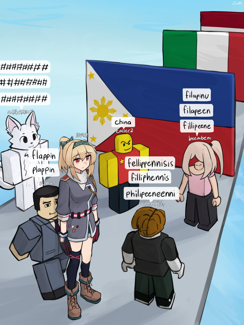 absurdres, asymmetrical_legwear, austrian_flag, black_gloves, black_socks, black_thighhighs, blonde_hair, blue_sky