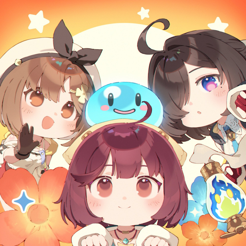 3girls, :d, :o, ahoge, atelier_(series), atelier_ryza, atelier_sophie, atelier_yumia