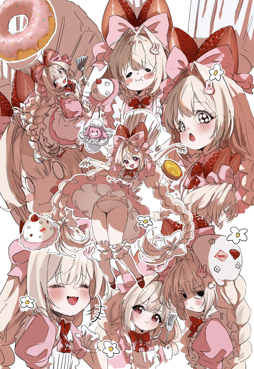 1girl, blonde_hair, braid, chef_hat, cherry, crust_(nikke), doughnut, dress