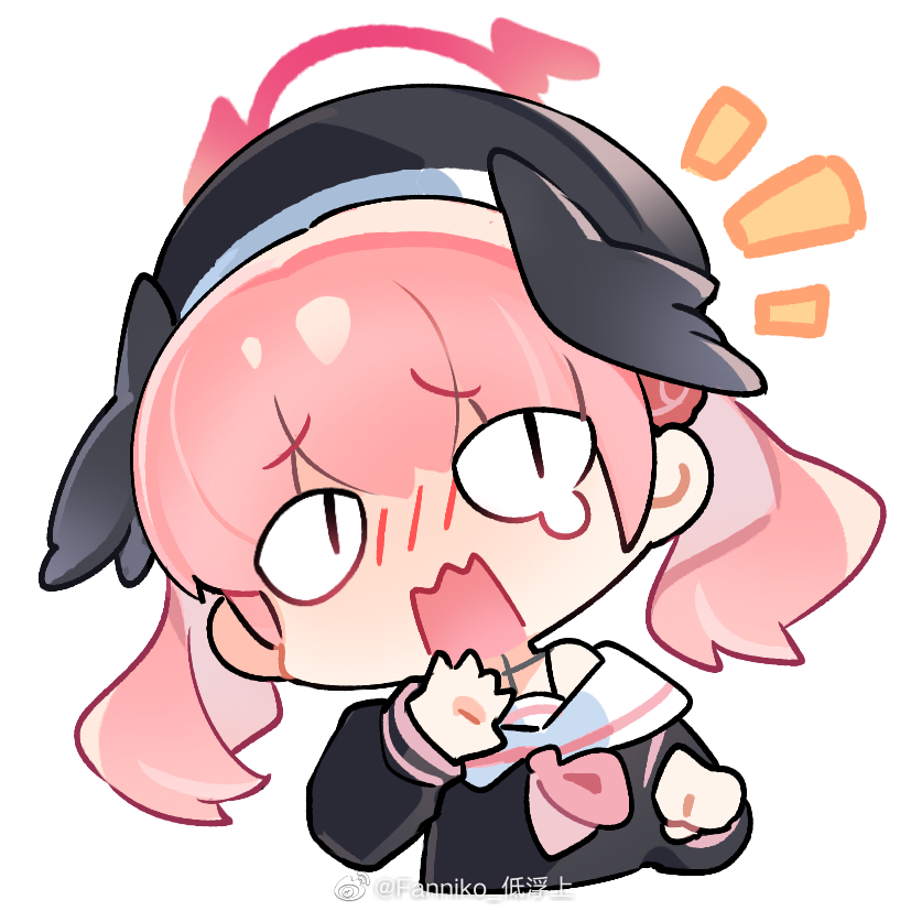 <|>_<|>, 1girl, blue_archive, blush, chibi, cropped_torso, fanniko, flustered, furrowed_brow, halo, head_wings, koharu_(blue_archive), open_mouth, pink_hair, solo, watermark, weibo_username, weibo_watermark, white_background, wings