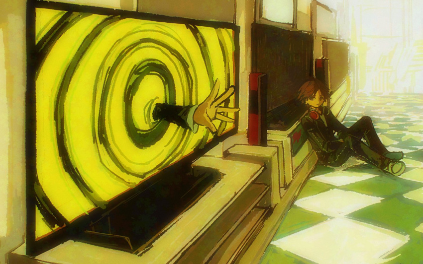 2boys, black_jacket, black_pants, brown_eyes, brown_hair, checkered_floor, closed_mouth, commentary