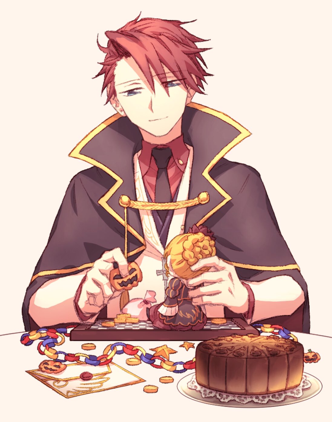 1boy, beatrice_(umineko), black_cape, black_necktie, cake, cape, character_doll, chessboard