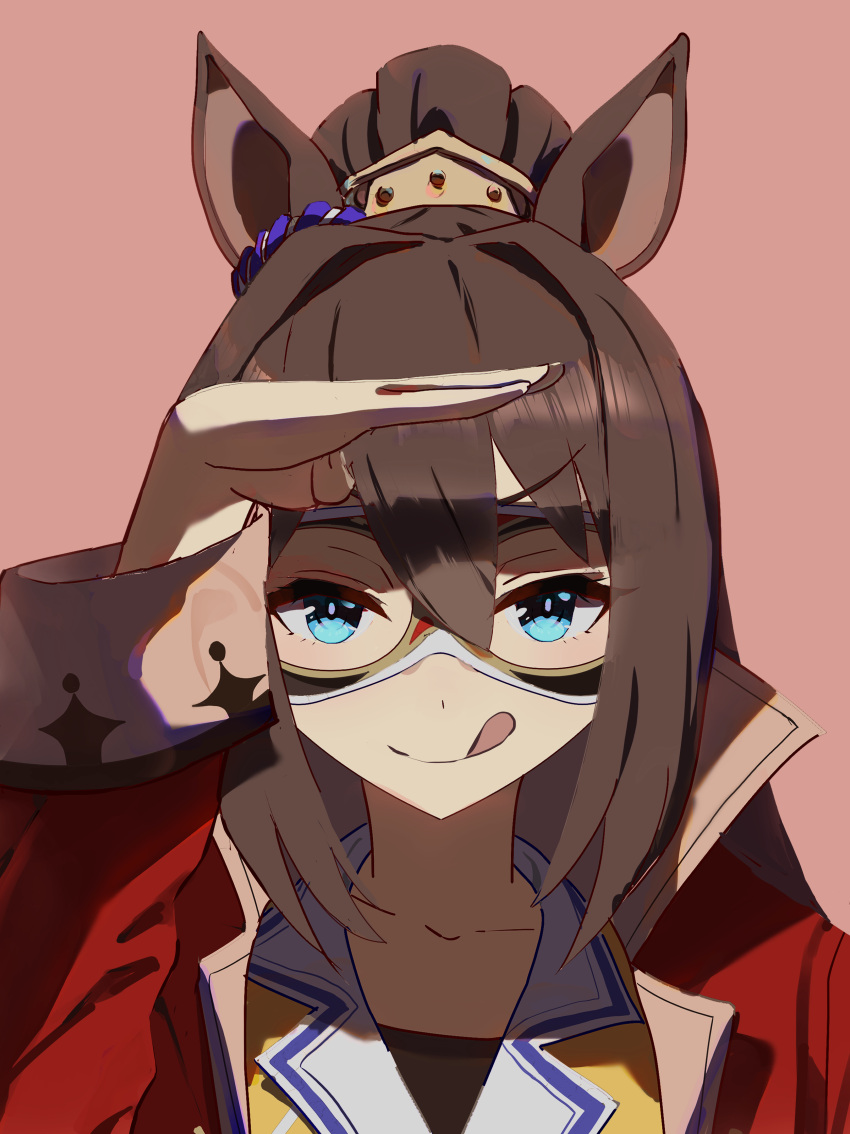 1girl, :p, absurdres, animal_ears, blue_eyes, blush, commentary_request, domino_mask, ear_ornament, el_condor_pasa_(kukulkan_monk)_(umamusume), el_condor_pasa_(umamusume), hair_between_eyes, hair_ornament, highres, horse_ears, horse_girl, jacket, long_hair, long_sleeves, mask, no_uwazumi, open_clothes, open_jacket, pink_background, ponytail, red_jacket, salute, shirt, simple_background, smile, solo, tongue, tongue_out, umamusume, upper_body, yellow_shirt