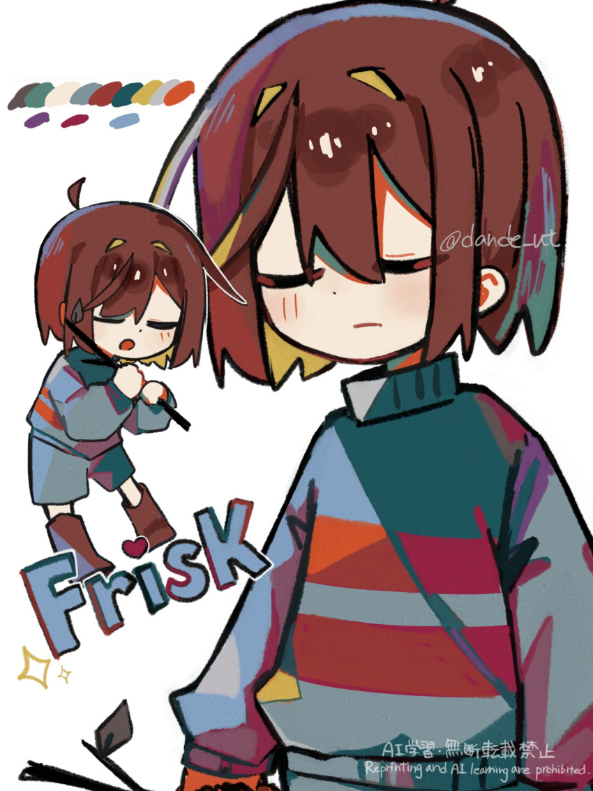1other, blue_sweater, brown_hair, character_name, chibi, closed_eyes, closed_mouth, dande_lion2604