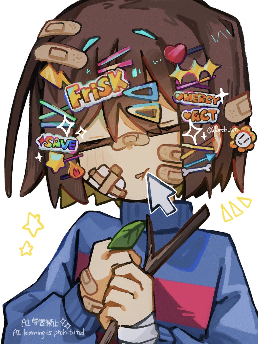 1other, bandages, blue_sweater, brown_hair, dande_lion2604, double_horizontal_stripe, english_text, frisk_(undertale)