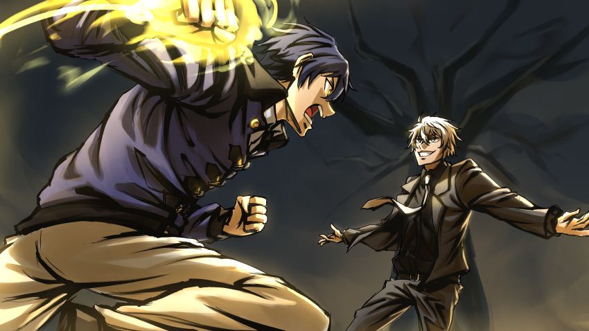 absurdres, black_suit, blue_hair, business_suit, dark_background, date_a_live, glowing_fist, highres, itsuka_shidou, necktie, non-web_source, outstretched_arms, raised_fist, sir_isaac_ray_peram_westcott, spread_arms, suit, sumollama1, white_hair, white_necktie, yellow_eyes