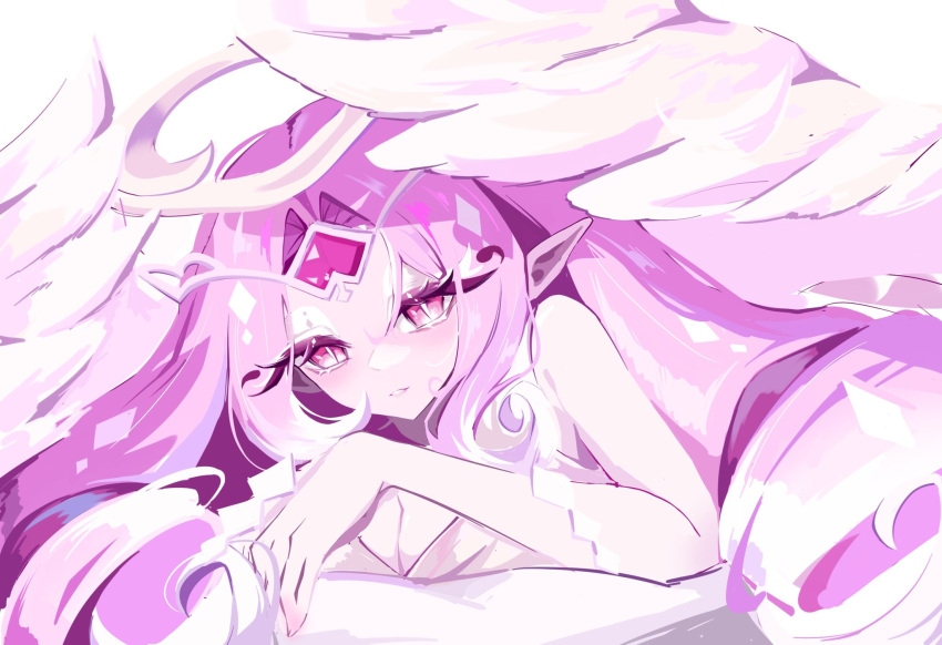 1girl, angel, angel_wings, colored_skin, commentary, cookie_run, cookie_run:_kingdom, demon_girl, dress, eternal_sugar_cookie, highres, long_hair, neungio_o, pink_hair, pink_skin, solo, wings