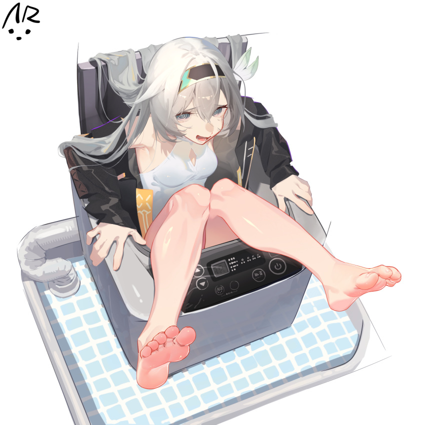 1girl, @_@, barefoot, firefly_(honkai:_star_rail), highres, honkai:_star_rail, honkai_(series), legs, long_hair, silver_hairband, soles, solo, stelle_(honkai:_star_rail), toes, trailblazer_(honkai:_star_rail), trapped, v.a._(vanilla), washing_machine