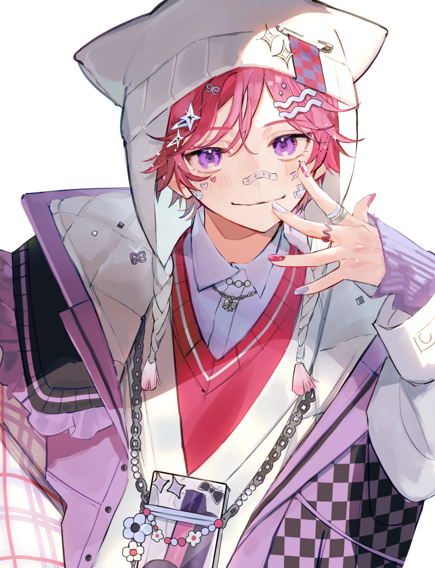 1boy, absurdres, blush, chloe_collins, closed_mouth, collared_shirt, eyelashes, fingernails