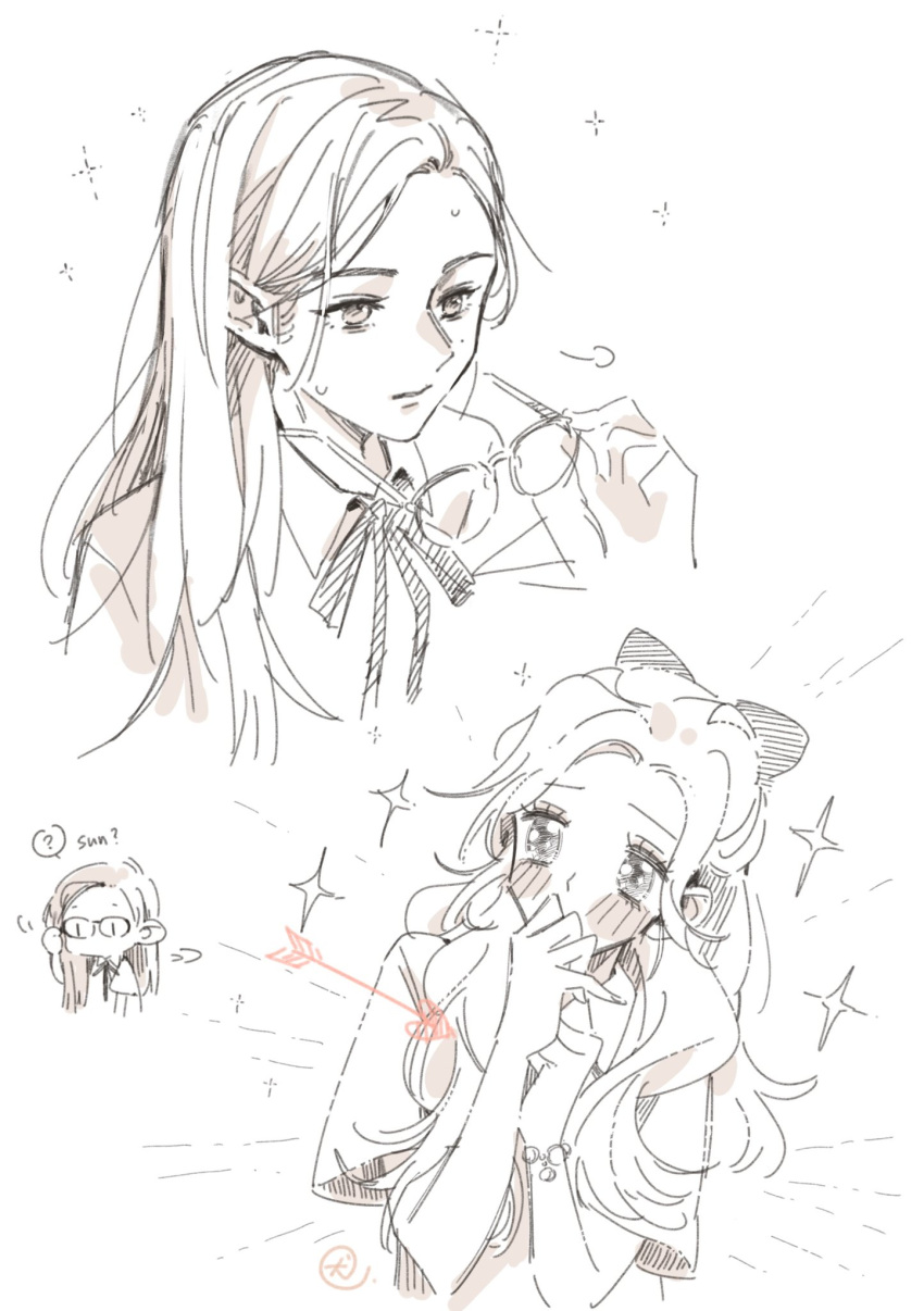 23.5, 2girls, arrow_(projectile), blush, bracelet, chinese_commentary, collared_shirt, commentary_request, covering_own_mouth, glasses, highres, jewelry, long_hair, multiple_girls, nanjonio, neck_ribbon, ongsa_(23.5), parted_lips, ponytail, ribbon, school_uniform, shirt, short_sleeves, sparkle, sun_(23.5), unworn_eyewear, yuri