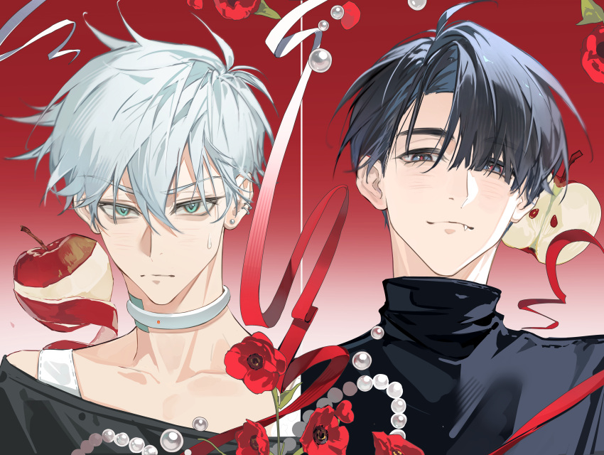 2boys, absurdres, alien_stage, apple, apple_peel, apple_slice, bad_source, baozaohuang
