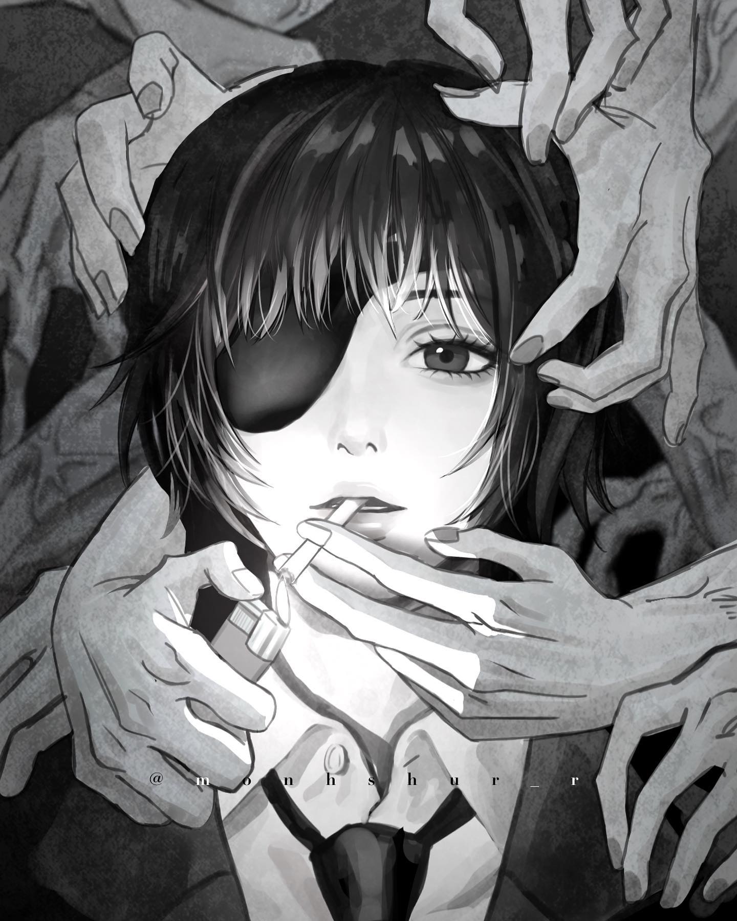 1girl, chainsaw_man, cigarette, commentary, disembodied_hand, eyelashes, eyepatch, greyscale