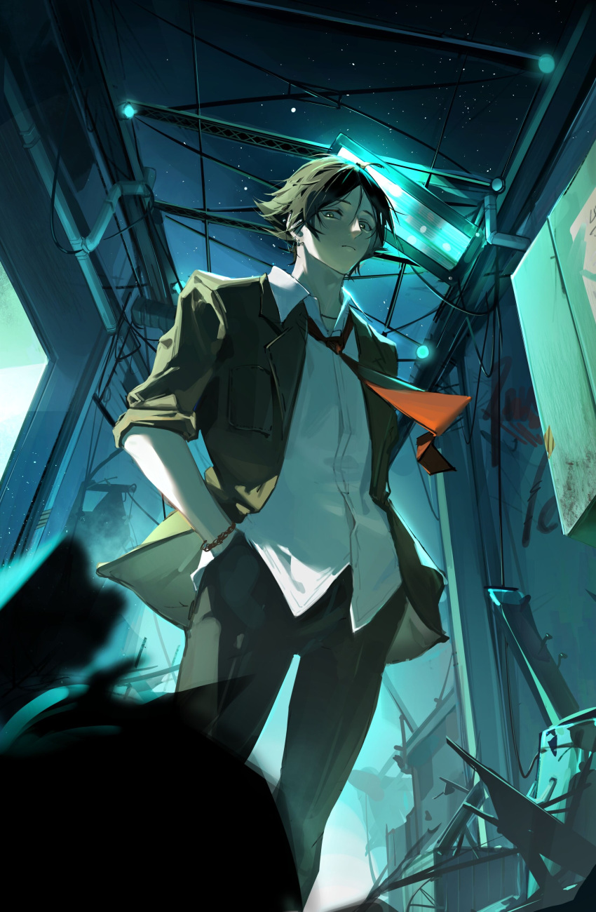 1boy, absurdres, alley, baozaohuang, bracelet, brown_hair, character_request, closed_mouth, collared_shirt, haikyuu!!, highres, jacket, jewelry, looking_at_viewer, looking_down, male_focus, necktie, night, night_sky, outdoors, pants, shirt, short_hair, sky, sleeve_rolled_up, solo, standing, star_(sky), white_shirt, wind