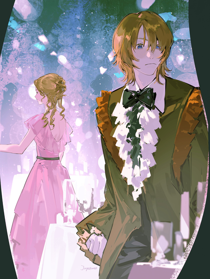 1boy, 1girl, absurdres, back_turned, blue_eyes, brown_hair, brown_robe, commentary