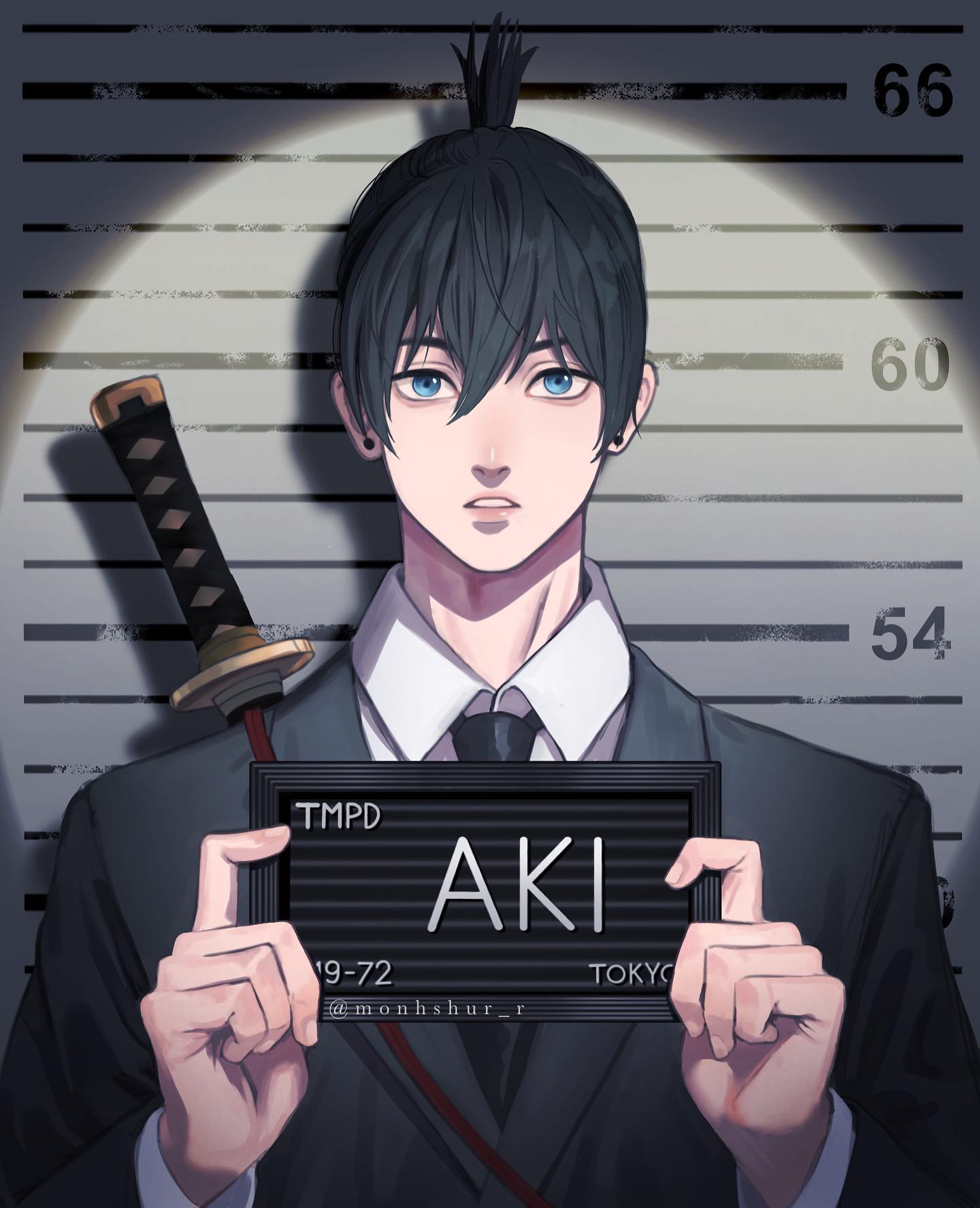 1boy, barbie_(franchise), barbie_(live_action), barbie_mugshot_(meme), black_hair, black_necktie, black_suit, blue_eyes