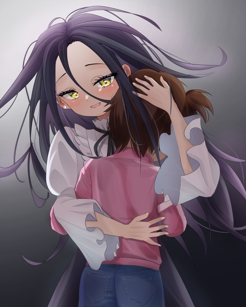 2girls, absurdres, black_hair, brown_hair, child, denim, denim_shorts, fella_(vpffk0731)