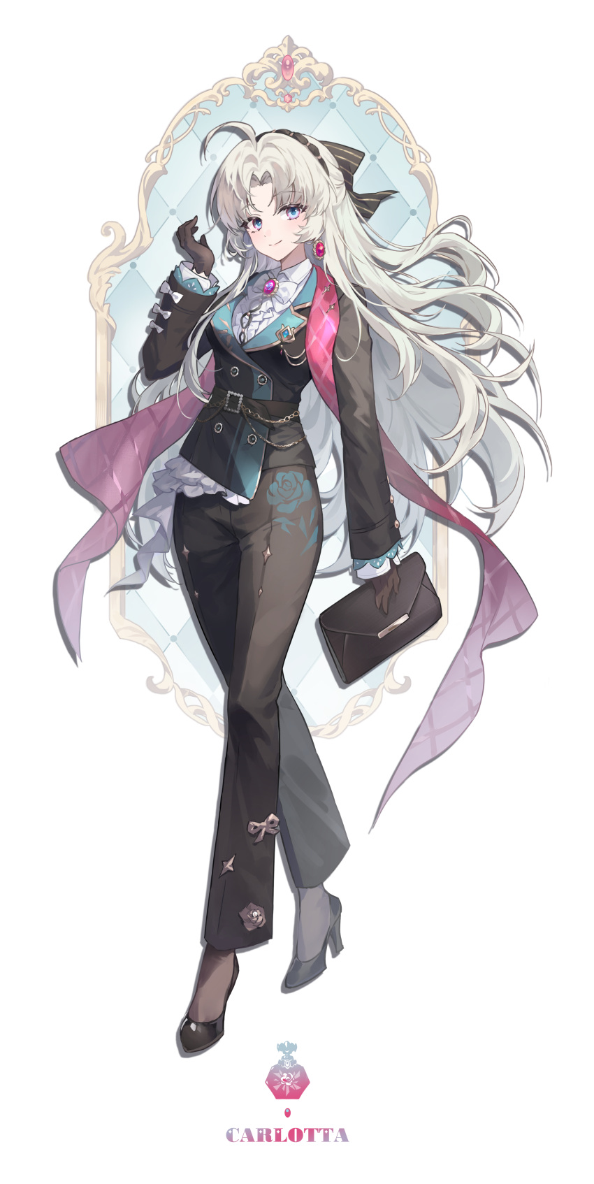 1girl, absurdres, alternate_costume, black_bow, black_gloves, black_pants, black_pantyhose, black_shoes