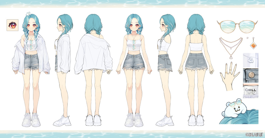 1girl, :3, absurdres, blue_hair, blue_sweater, braid, camisole, creature_on_head, cropped_sweater, curtained_hair, denim, denim_shorts, earrings, full_body, grid_background, highres, jewelry, looking_at_viewer, midriff_peek, mismatched_earrings, multicolored_hair, multiple_rings, multiple_views, necklace, official_art, open_clothes, open_shirt, parted_bangs, red_eyes, reference_sheet, ring, shiranami_ramune, shiranami_ramune_(4th_costume), shirt, shoes, short_hair, short_shorts, shorts, simple_background, single_off_shoulder, sneakers, solo, streaked_hair, sunglasses, sweater, torn_clothes, torn_shorts, twin_braids, two-tone_hair, unworn_eyewear, variations, virtual_youtuber, vspo!, white_background, white_camisole, white_hair, white_shirt, white_sneakers, yuu_(higashi_no_penguin)