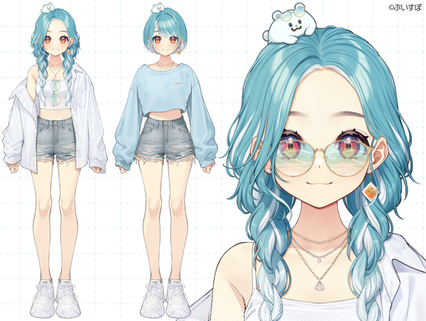 1girl, :3, blue_hair, blue_sweater, braid, camisole, creature_on_head, cropped_sweater
