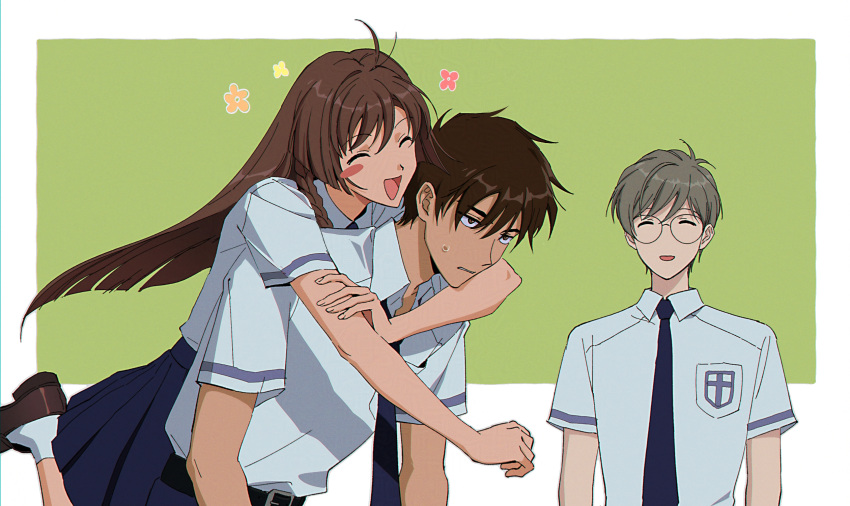 1girl, 2boys, ^_^, akizuki_nakuru, annoyed, blue_necktie, blue_skirt, braid
