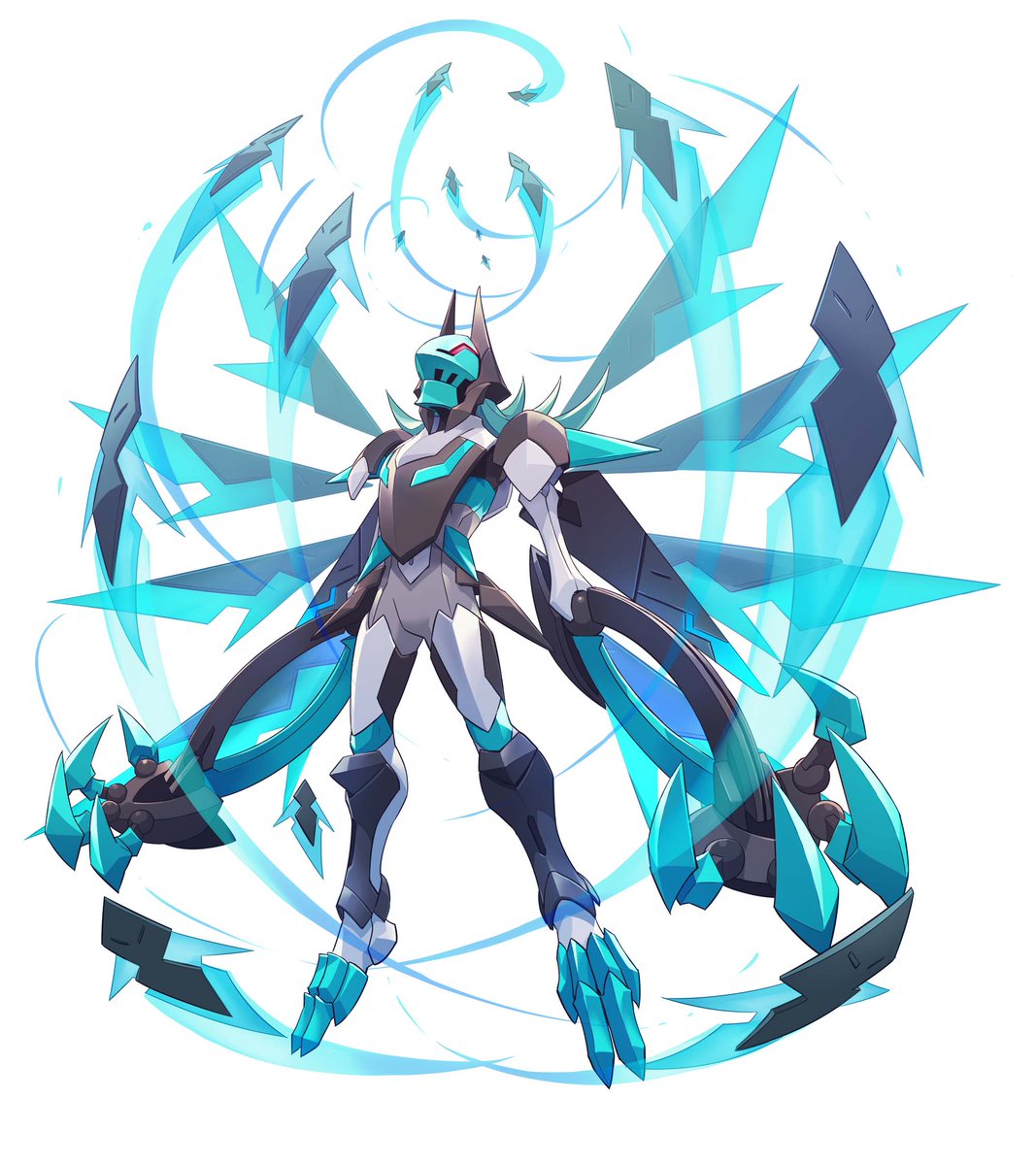 1boy, aqua_helmet, armor, azure_striker_gunvolt, azure_striker_gunvolt_3, black_armor, blue_hair, full_body