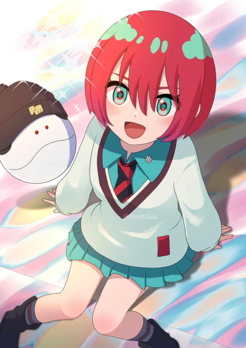 1girl, amate_yuzuriha, aqua_eyes, aqua_shirt, black_necktie, black_shoes, collared_shirt, erenshu
