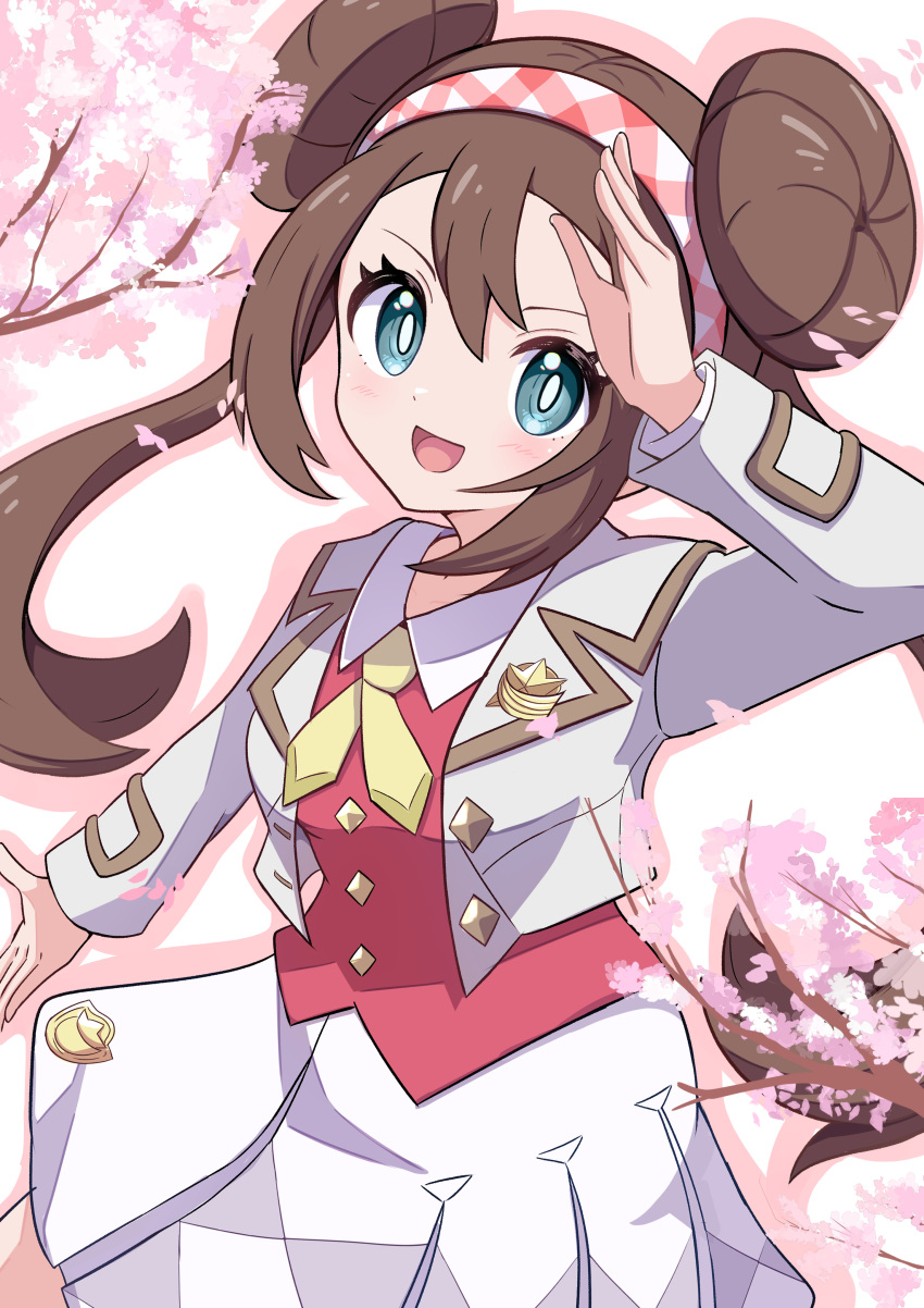 1girl, :d, absurdres, aqua_eyes, arm_up, bright_pupils, brown_hair, collared_shirt