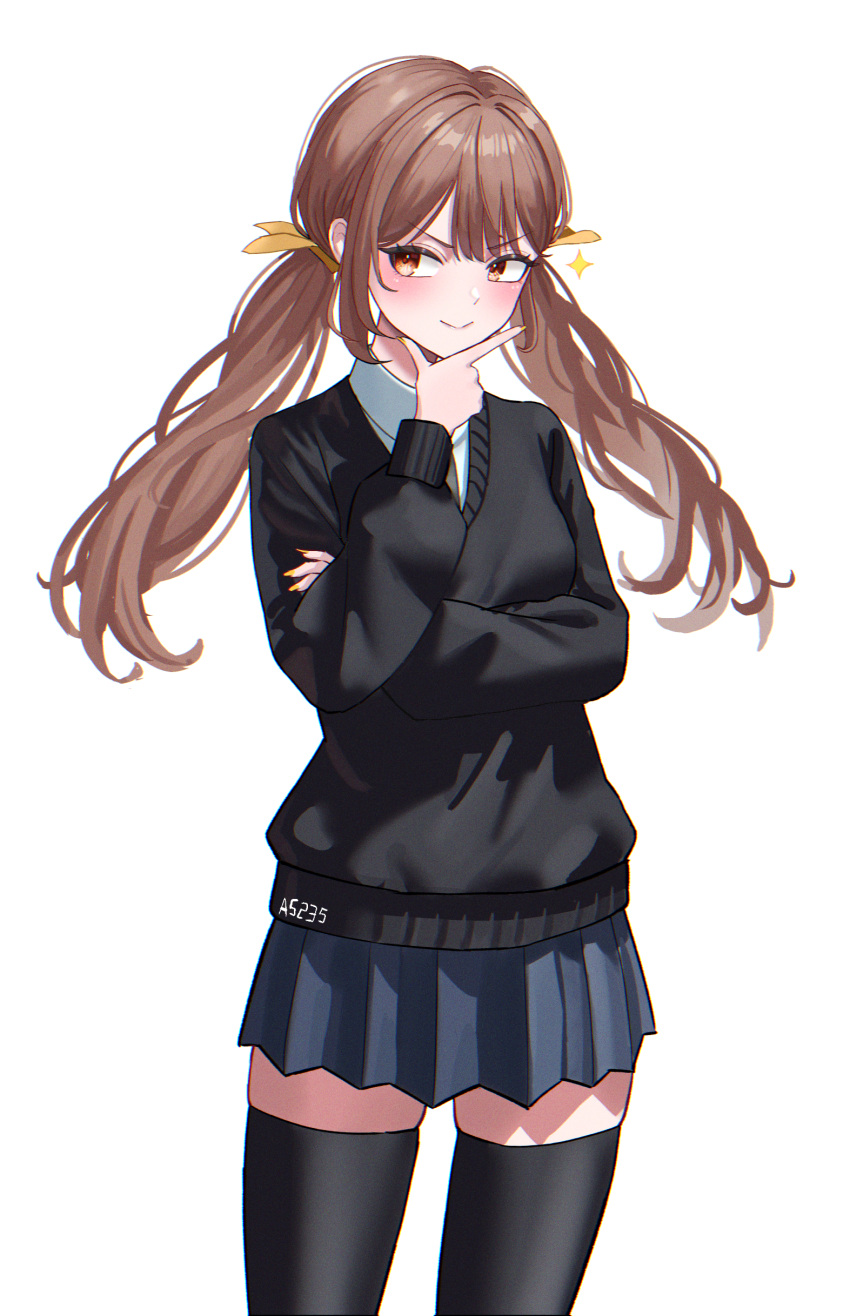 a5235, absurdres, black_skirt, black_sweater, black_thighhighs, brown_hair, highres, long_sleeves, school_uniform, skirt, smile, sweater, thigh-highs, twintails, victory_(waktaverse), virtual_youtuber, waktaverse, yellow_eyes