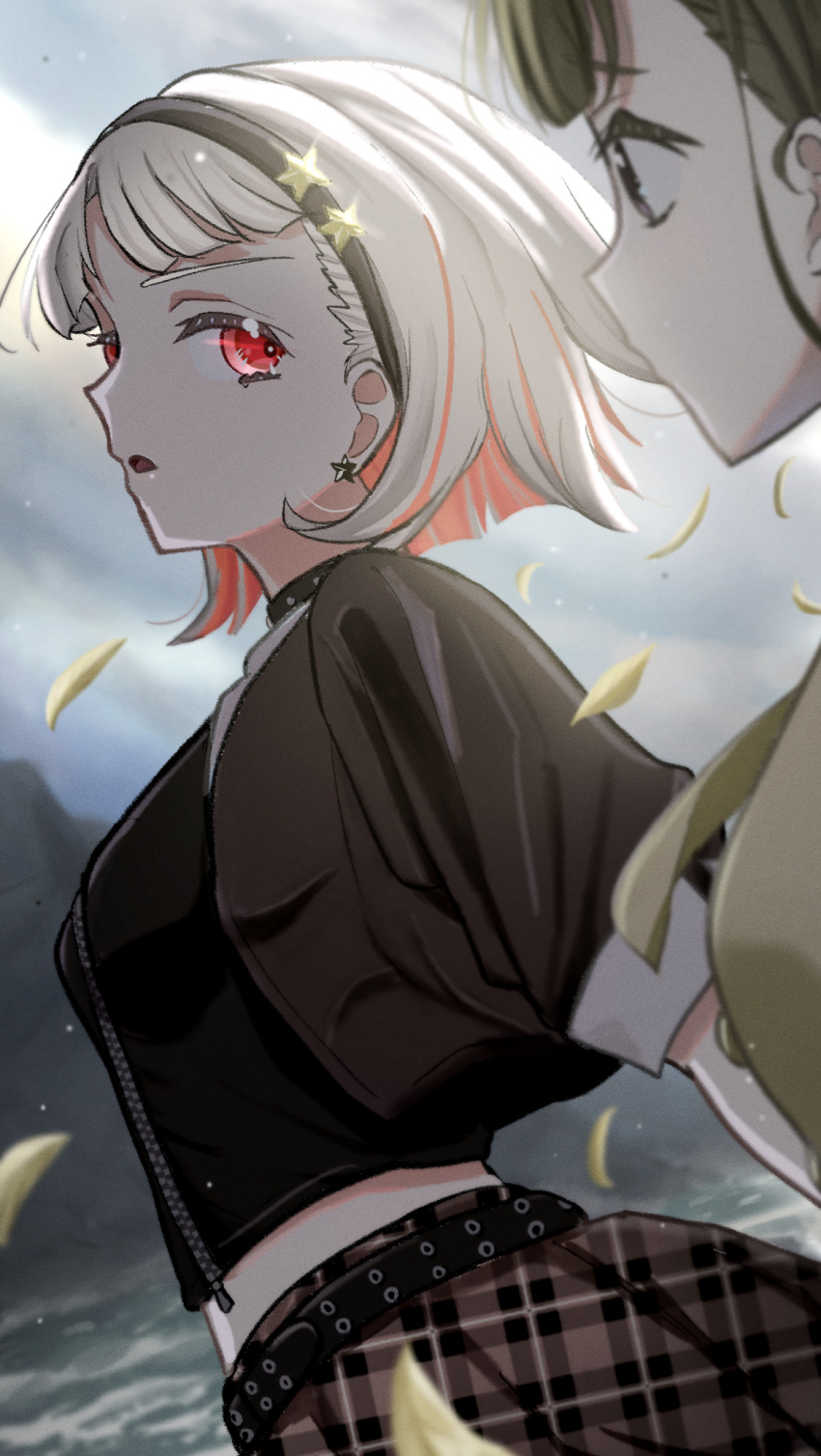 2girls, belt, black_belt, black_choker, black_hairband, black_jacket, black_shirt, bob_cut