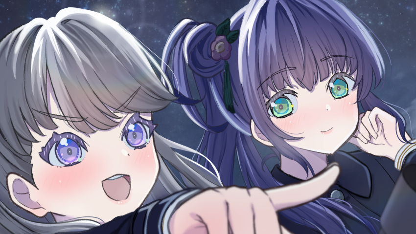 2girls, :d, black_coat, blush, brown_hair, closed_mouth, coat, collared_coat