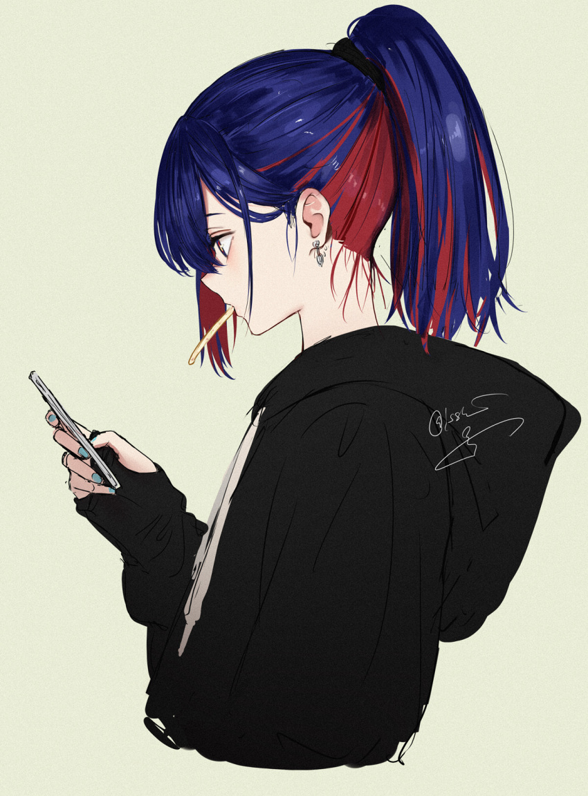 1girl, alternate_costume, artist_name, black_hoodie, blue_eyes, blue_hair, cellphone, cropped_torso