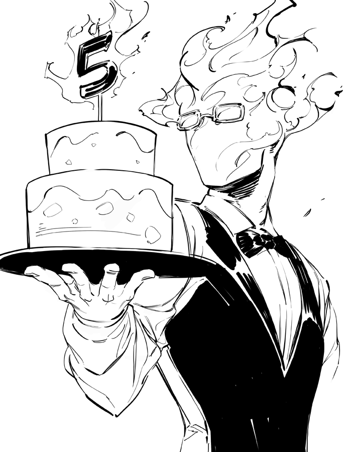 1boy, birthday_cake, black_bow, black_bowtie, black_vest, bow, bowtie, burning_head