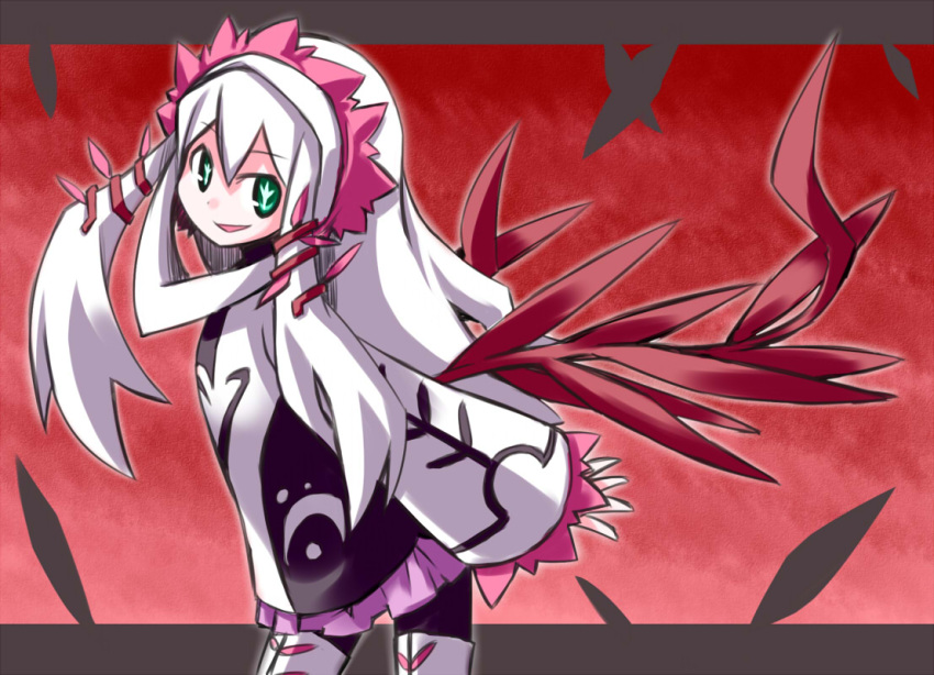 green_eyes, grin, hair_ornament, jukai, kugelschreiber, letterboxed, long_hair, mistelteinn