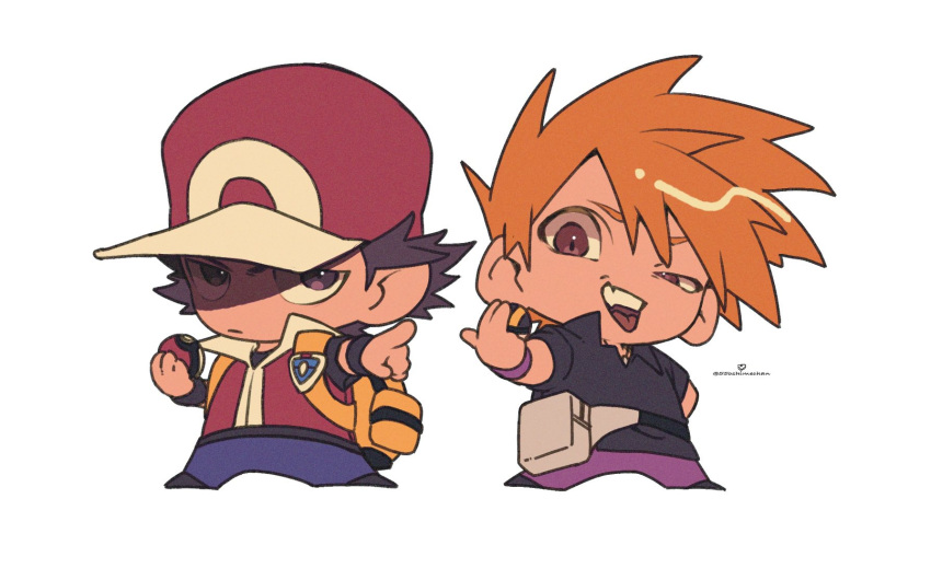 2boys, 55oshimechan, backpack, bag, black_shoes, blue_oak, brown_eyes, brown_hair, chibi, closed_mouth, collared_shirt, fanny_pack, grey_bag, half-closed_eye, hat, highres, holding, holding_poke_ball, legs_apart, male_focus, multiple_boys, open_mouth, pants, pointing, poke_ball, poke_ball_(basic), pokemon, pokemon_frlg, purple_pants, red_(pokemon), red_hat, red_vest, shirt, shoes, short_sleeves, standing, t-shirt, teeth, tongue, upper_teeth_only, vest, wristband, yellow_bag