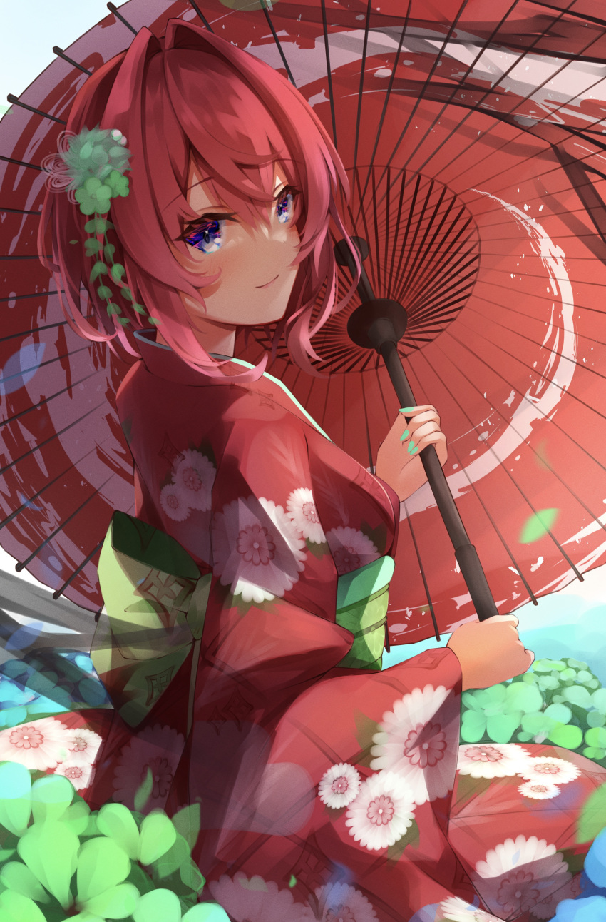 1girl, absurdres, alternate_costume, ange_katrina, aqua_nails, back_bow, blush, bow, breasts, closed_mouth, commentary_request, day, english_commentary, floral_print, floral_print_kimono, flower, from_side, furisode_sleeves, green_flower, green_sash, hair_between_eyes, hair_flower, hair_intakes, hair_ornament, highres, holding, holding_umbrella, japanese_clothes, kimono, lips, long_bangs, long_sleeves, looking_at_viewer, looking_to_the_side, medium_breasts, mixed-language_commentary, nagori0127, nail_polish, nijisanji, obi, obiage, obijime, oil-paper_umbrella, outdoors, plant, print_kimono, red_hair, red_kimono, red_umbrella, sash, seiza, short_hair, sitting, smile, solo, turning_head, umbrella, violet_eyes, virtual_youtuber