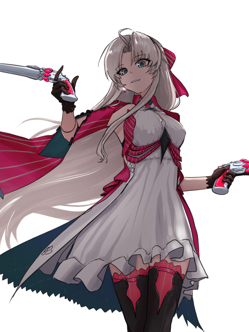 1girl, bell_(only-id_228), boots, bow, breasts, carlotta_(wuthering_waves), commentary_request, cowboy_shot, dress, dual_wielding, earrings, gun, hair_bow, highres, holding, holding_gun, holding_weapon, jacket, jewelry, long_hair, looking_at_viewer, medium_breasts, parted_bangs, parted_lips, partial_commentary, pink_bow, pink_jacket, pink_thighhighs, simple_background, smile, solo, thigh-highs, thigh_boots, thighhighs_under_boots, thighs, very_long_hair, weapon, white_background, white_dress, white_hair, wuthering_waves