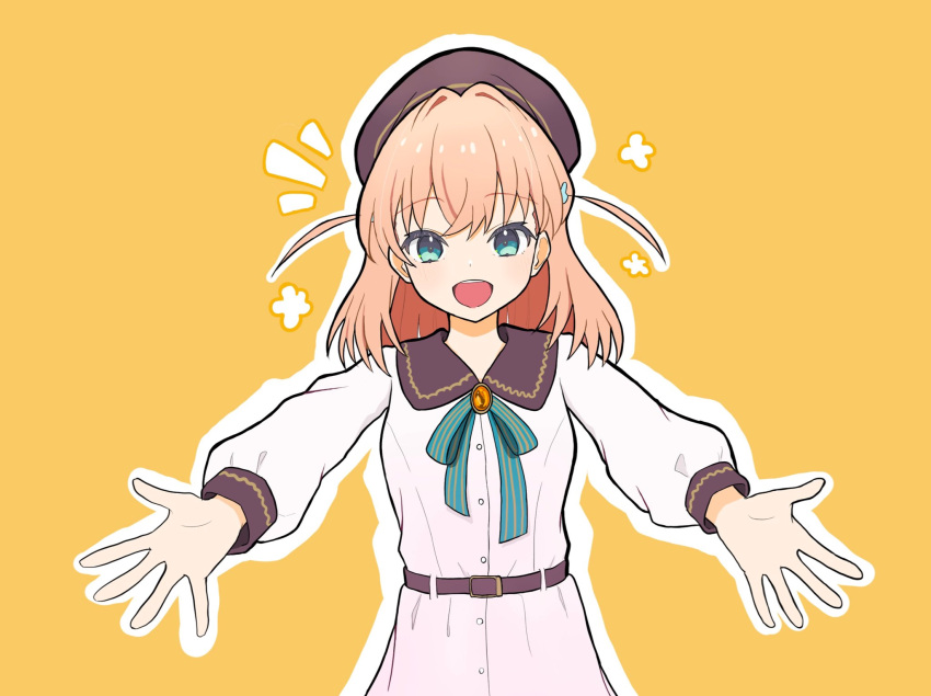 1girl, :d, aqua_eyes, aqua_ribbon, blush, breasts, commentary, crossed_bangs