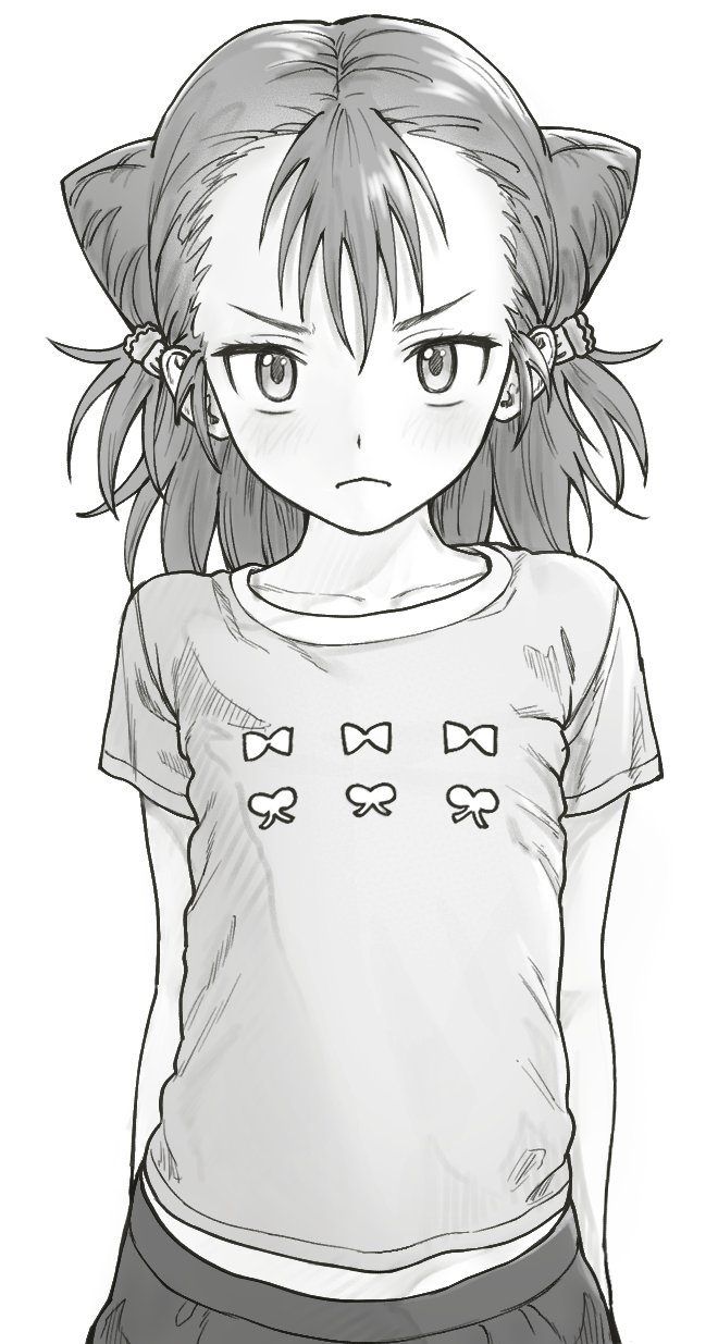 1girl, arms_behind_back, bow_print, closed_mouth, collarbone, cone_hair_bun, double_bun, frown, greyscale, hair_between_eyes, hair_bun, highres, imaninjaguy, looking_at_viewer, medalist_(manga), medium_hair, miketa_ryouka, monochrome, print_shirt, shirt, short_sleeves, skirt, solo, t-shirt, v-shaped_eyebrows