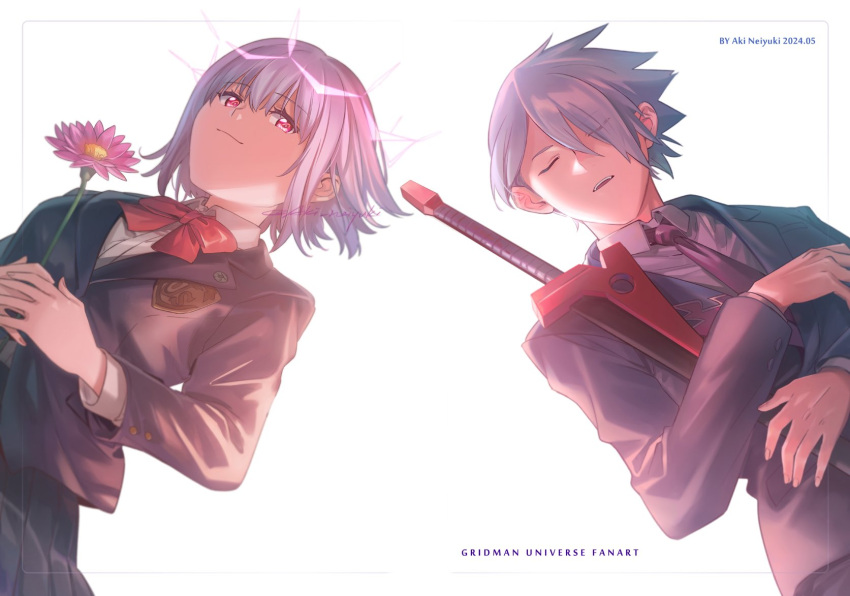 1boy, 1girl, aki_(neyuki41028), anti_(ssss.gridman), bow, breasts, closed_eyes, flower