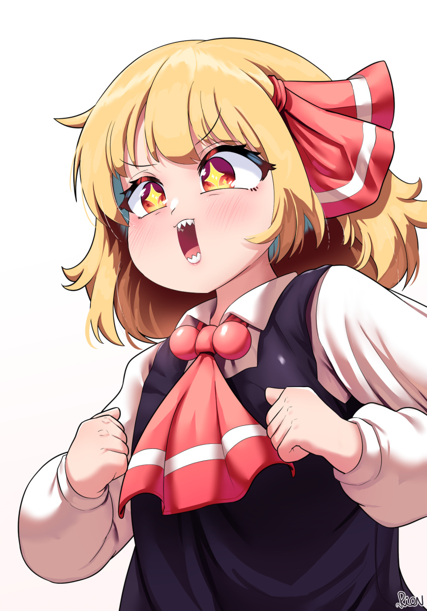 1girl, ascot, black_vest, blonde_hair, blush, clenched_hands, collared_shirt, commentary