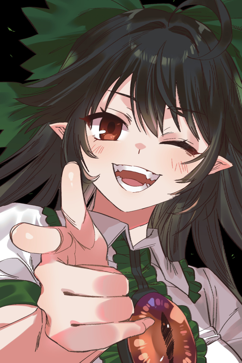 1girl, black_hair, bow, green_bow, grey_nagato, hair_bow, highres, looking_at_viewer