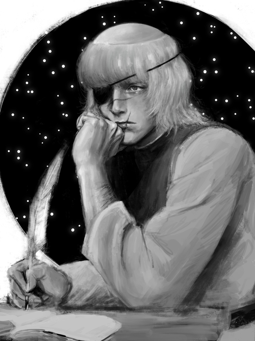 1boy, absurdres, badeni, chi.:_chikyuu_no_undou_ni_tsuite, elbow_rest, eyepatch, greyscale, hand_on_own_chin